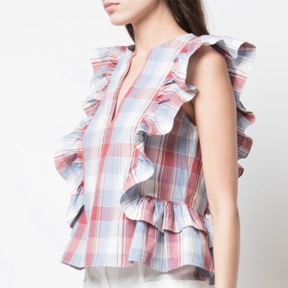 Ulla Johnson Agna Madras Plaid Ruffle Top